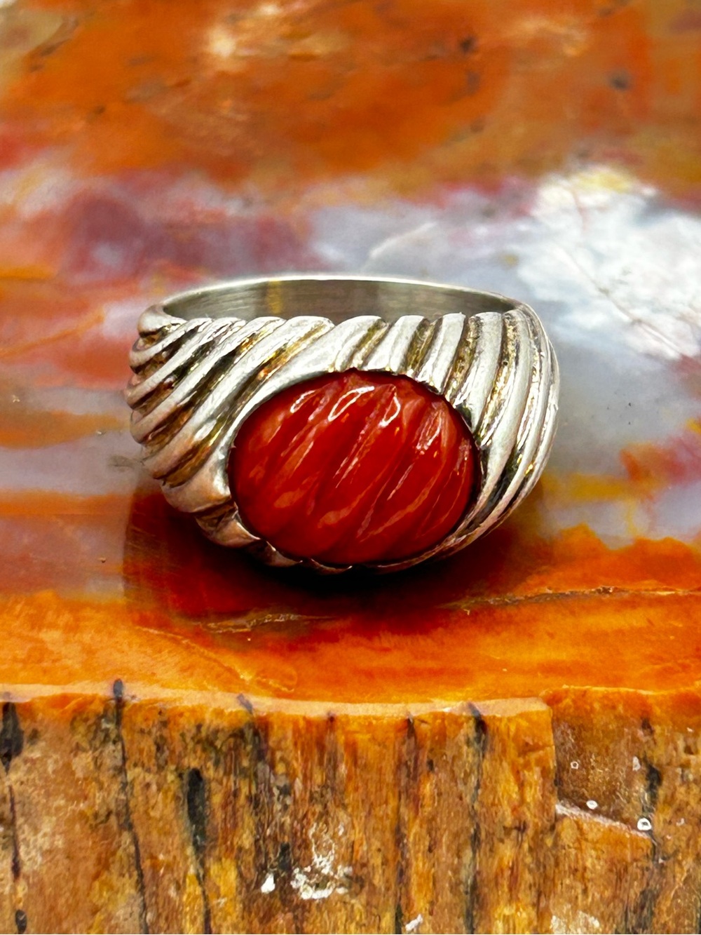 Sterling Silver Scalloped Ring with Carved Red Coral - Size 8